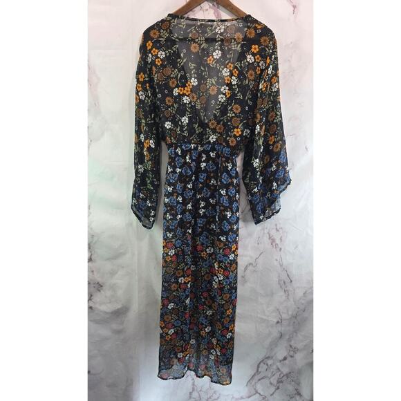 Floreat Dress Womens Small Black Floral Midi Kimono Cover Up Topper Long - Picture 5 of 13